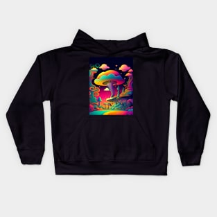 Psychedelic Dream Forest Filled with Colorful Mushrooms on a Dark Background Kids Hoodie